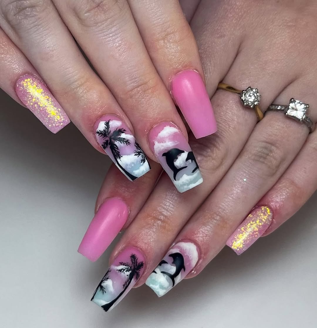 Coastal Dolphin Palm Tree Coffin Nails