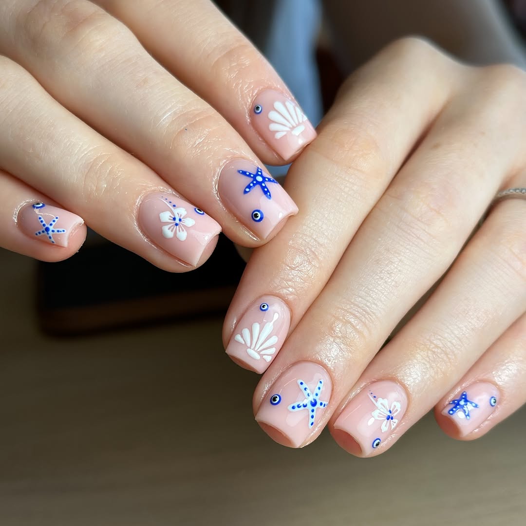 Coastal Sea Treasures Nude Short Square Nails