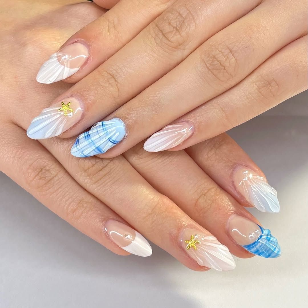 Coastal Shell Nails with Blue Plaid Accents