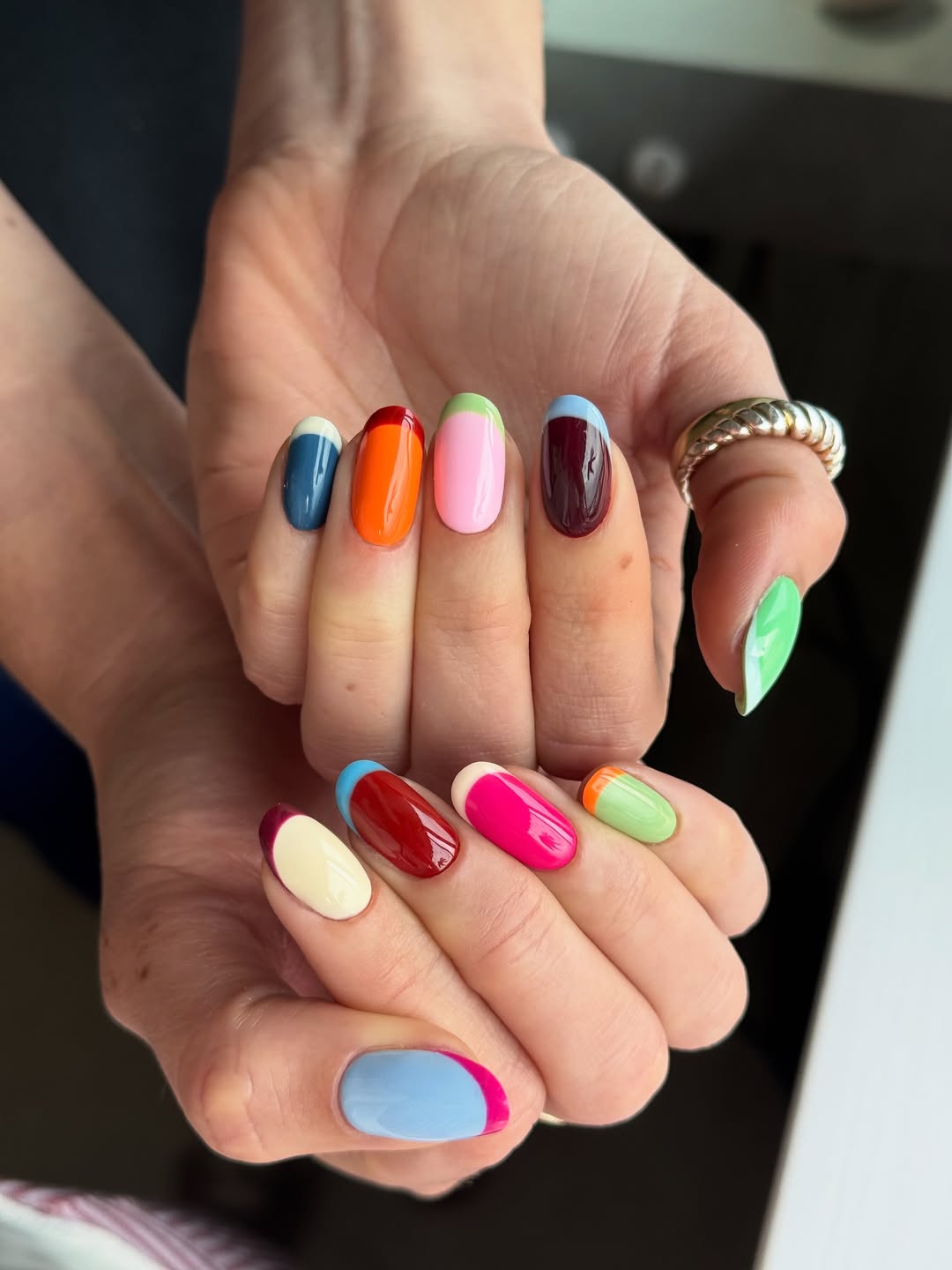 Colorful Oval Nails With Mismatched French Tips