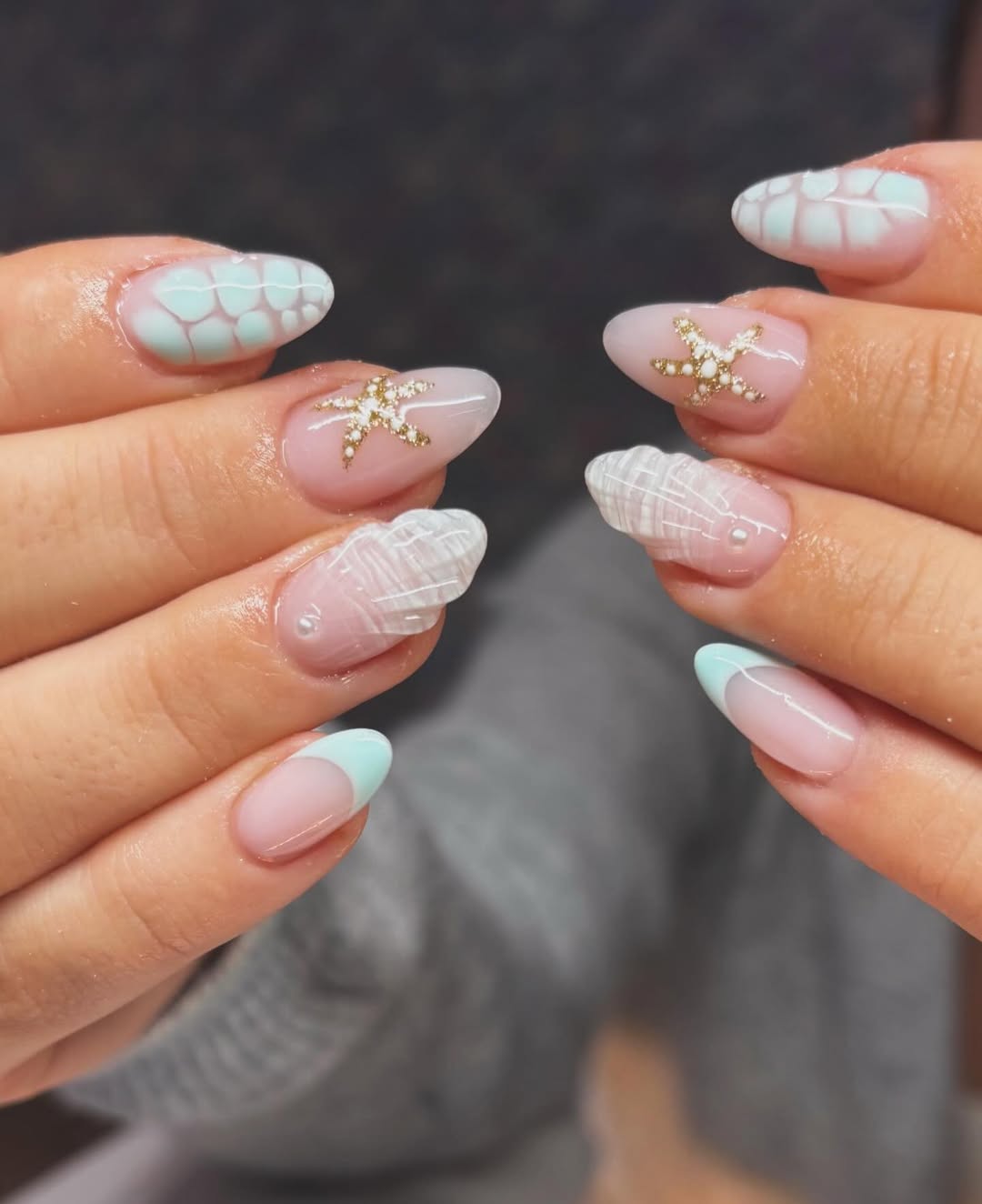Cool Aqua French Tips With Starfish Shell Accents