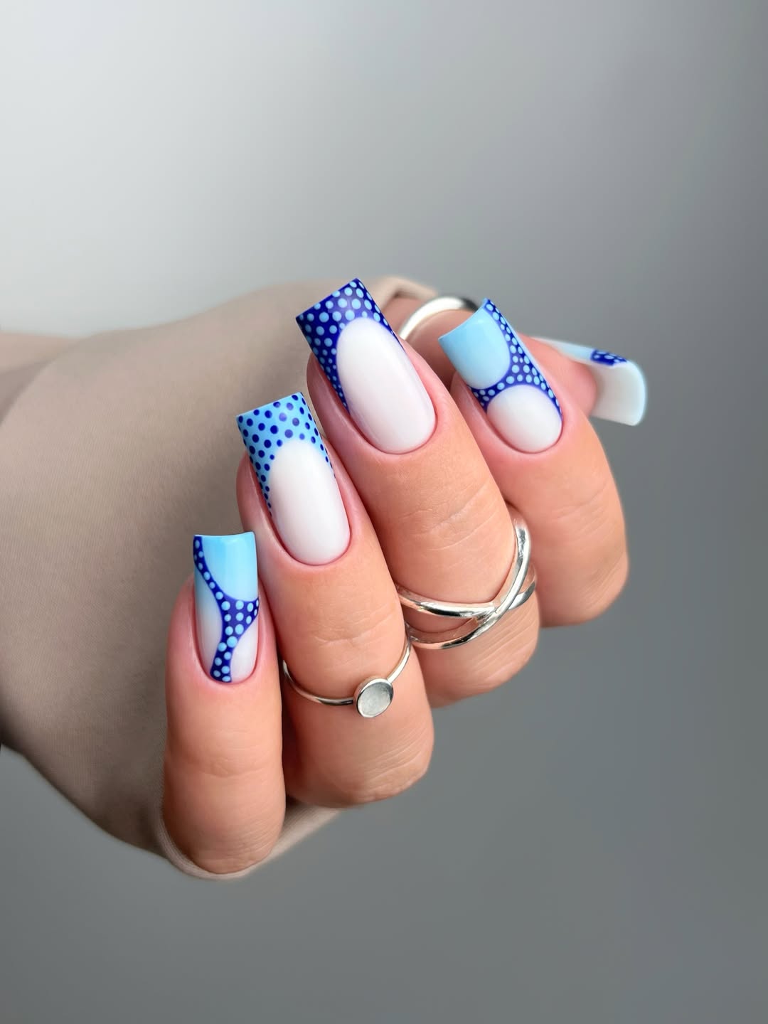 Cool Blue Polka Dot French Tip Coffin Nails