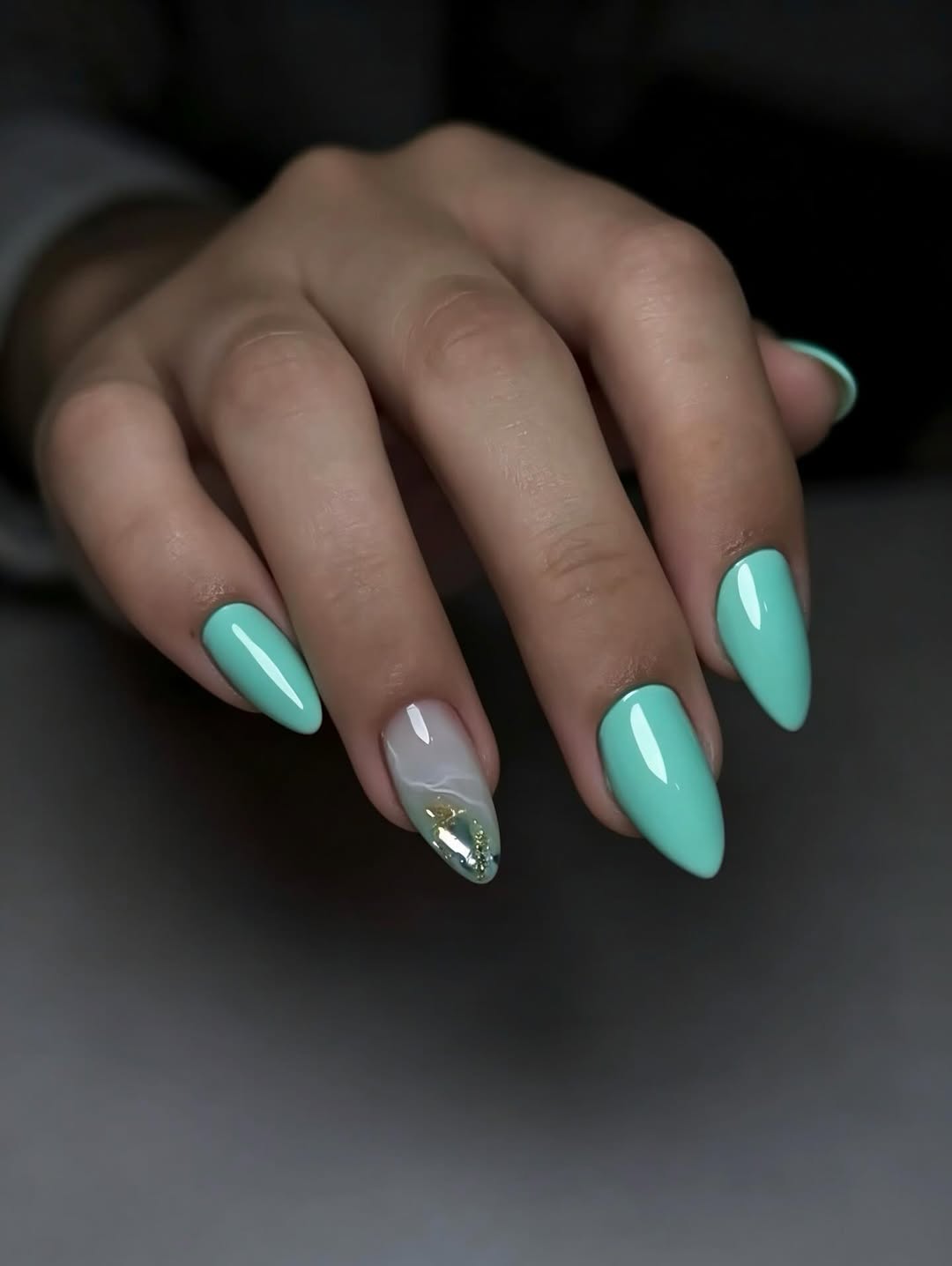 Cool Mint Teal Marble Accent Stiletto Nails