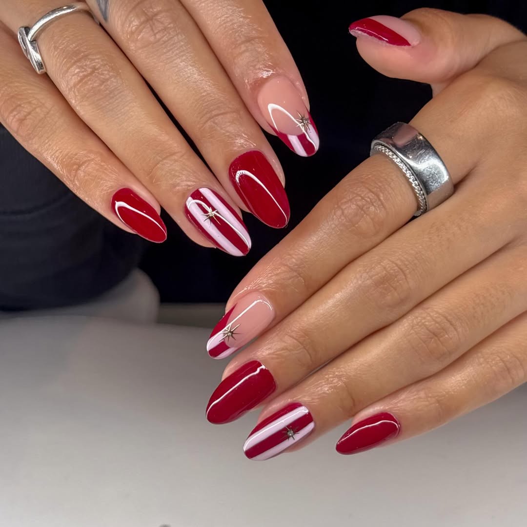Crimson And White Stripe Statement Almond Nails