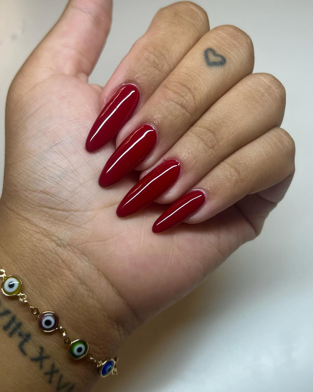 Crimson Red Glossy Long Almond Nails