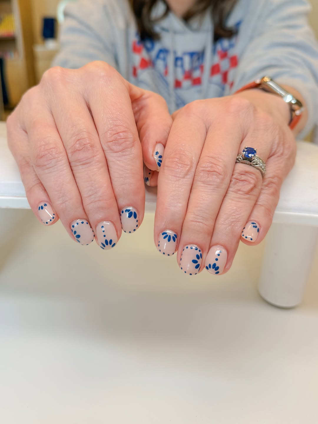 Cute Blue Dotted Daisy Nude Squoval Nails