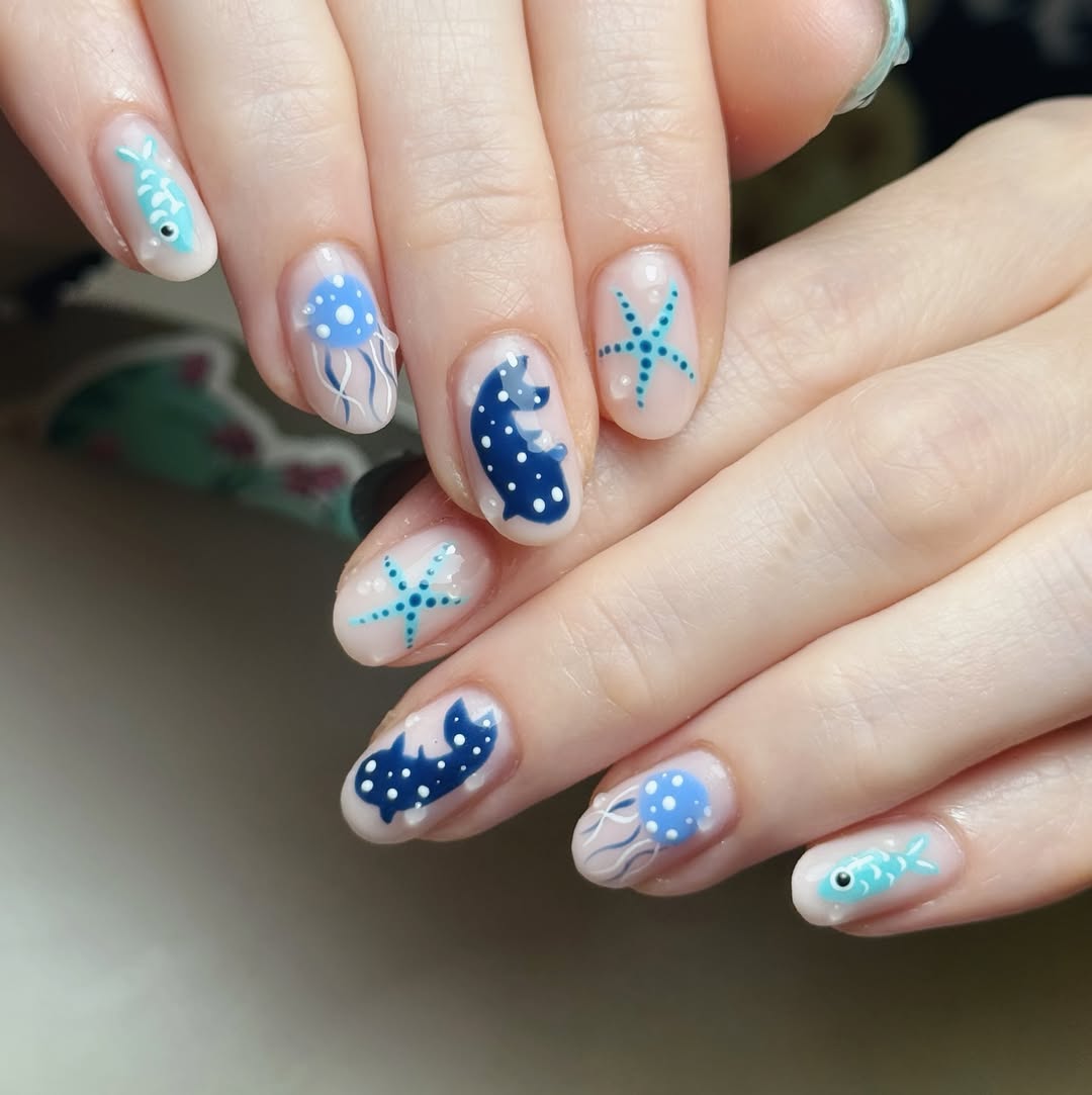 Cute Ocean Creature Hand-Painted Oval Nails
