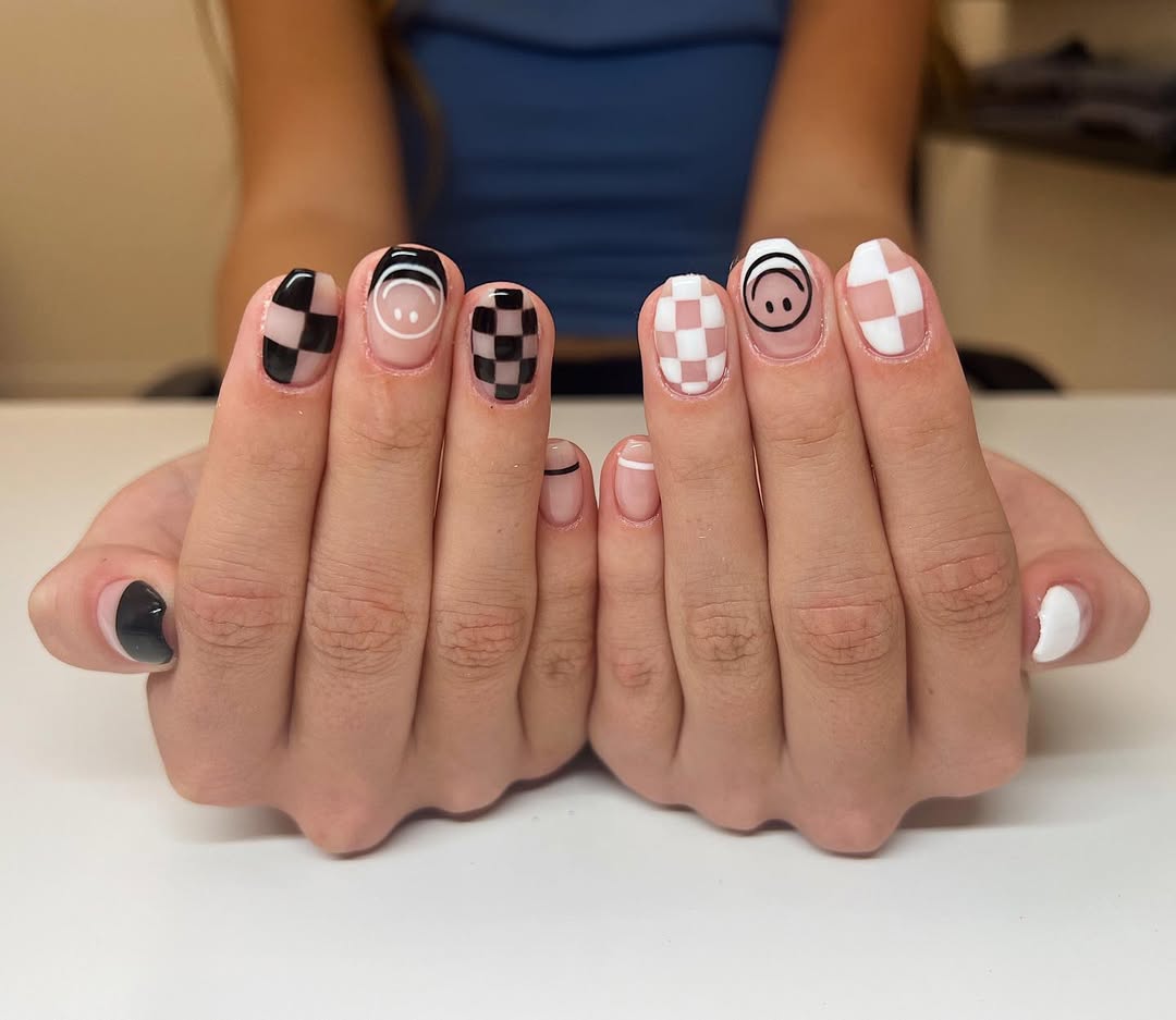 Cute Smiley Checkered Mix And Match Nails