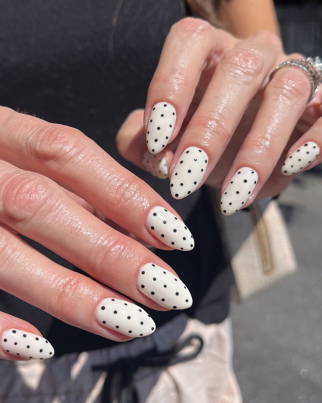 Dainty White Polka Dot Almond Nails