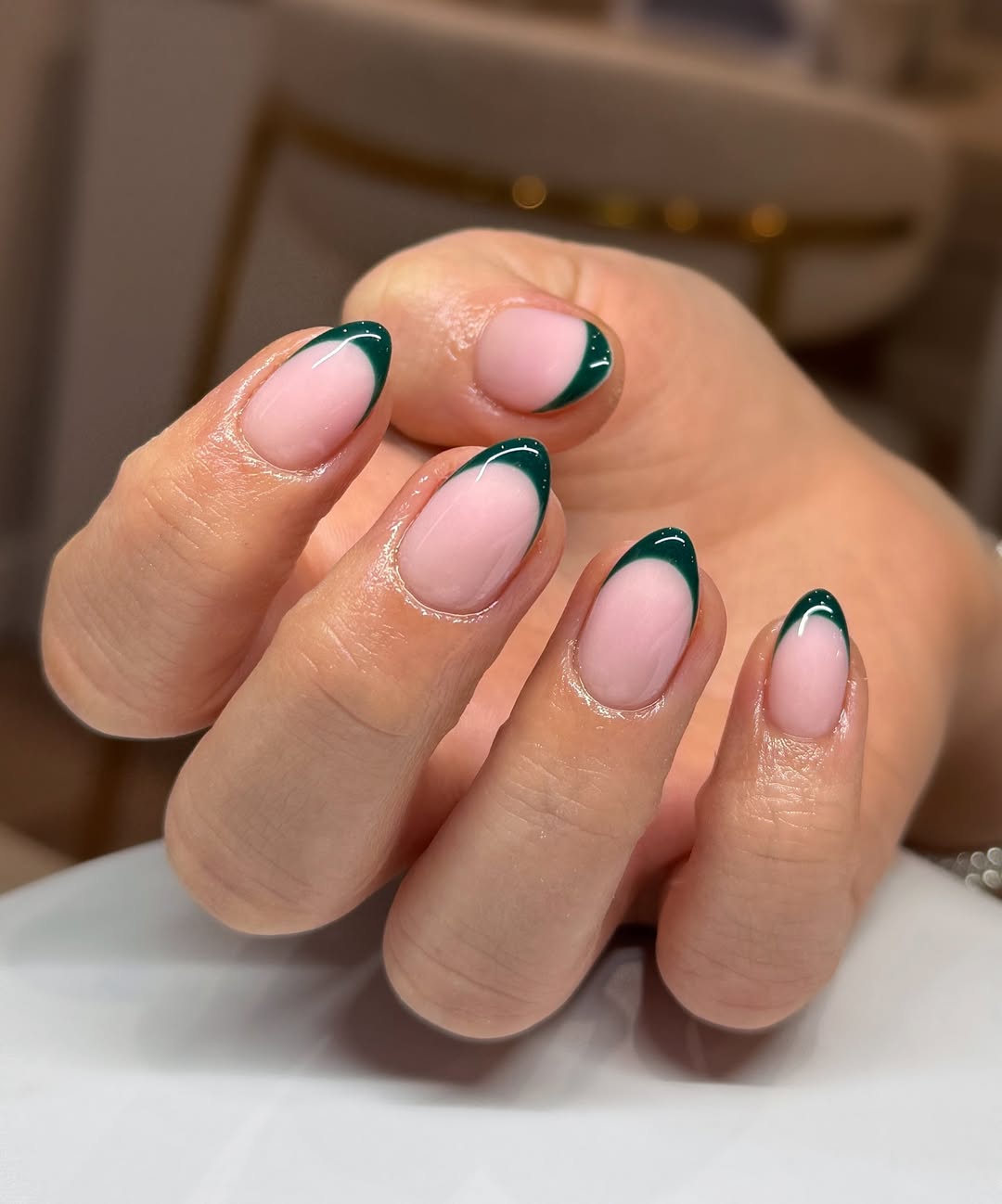 Deep Emerald Green French Tip Oval Nails