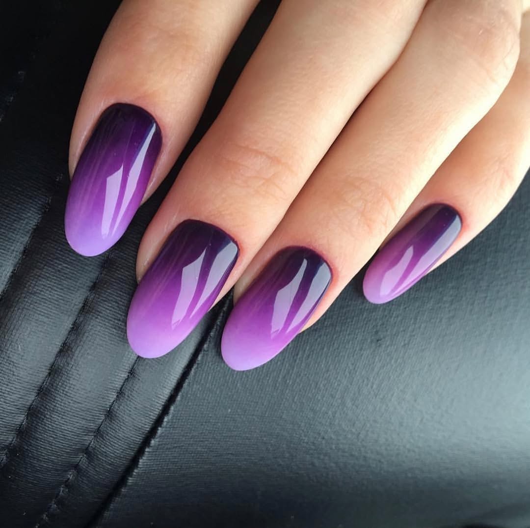 Deep to Light Purple Glossy Ombré Oval Nails