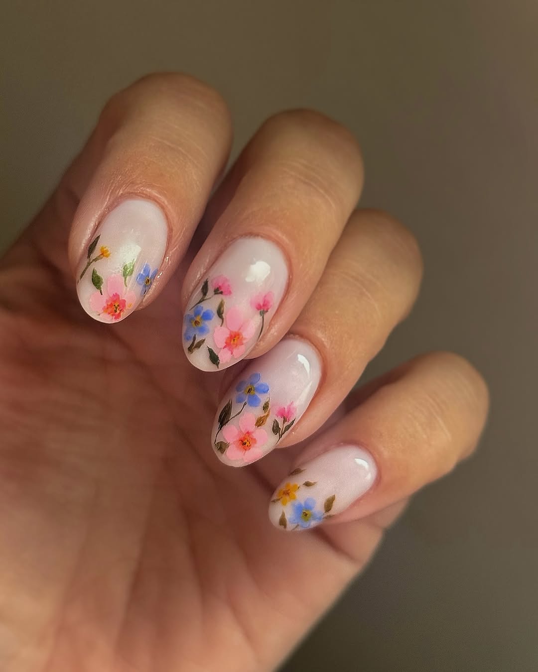 Delicate Floral Meadow Milky Glossy Oval Nails