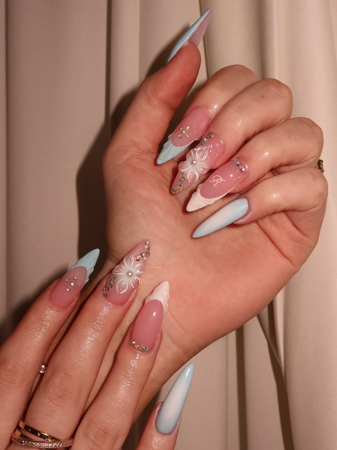 Dreamy Baby Blue Coffin French Tips with 3D Florals