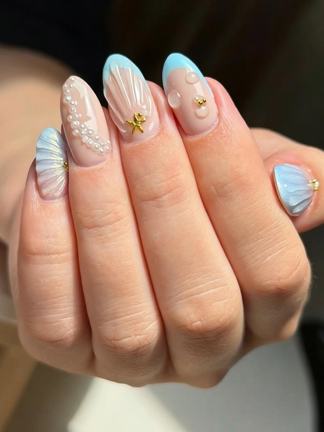 Dreamy Baby Blue Shell and Pearl 3D Mermaid Nails