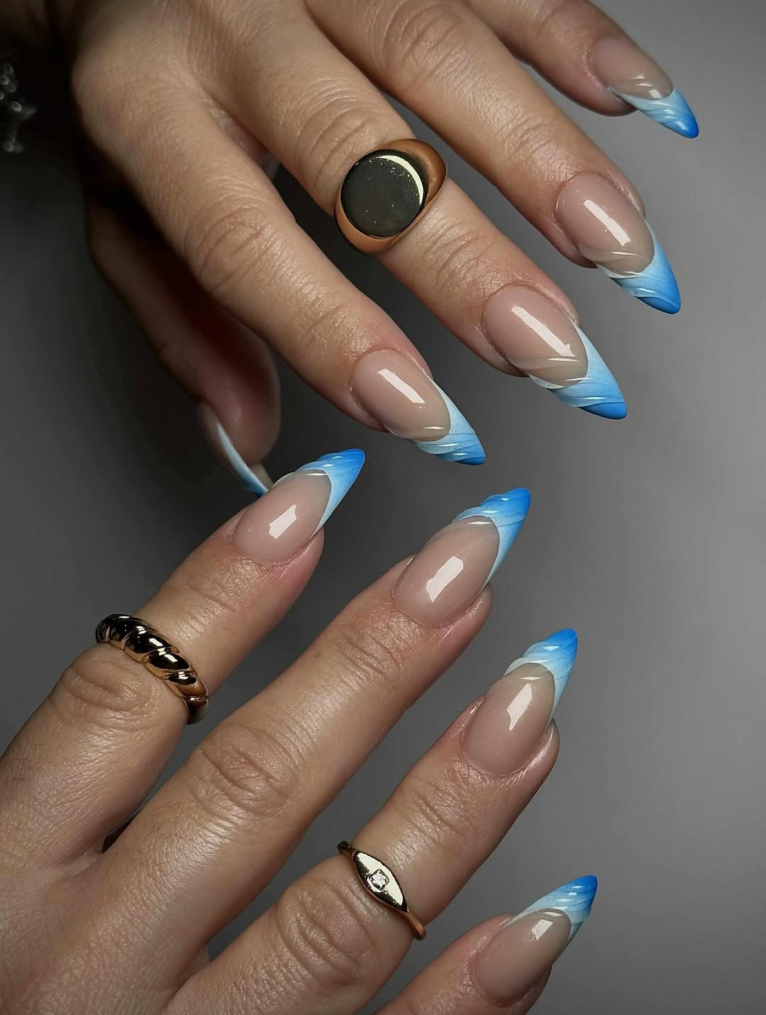 Dreamy Blue Ombre French Tips Stiletto Nails