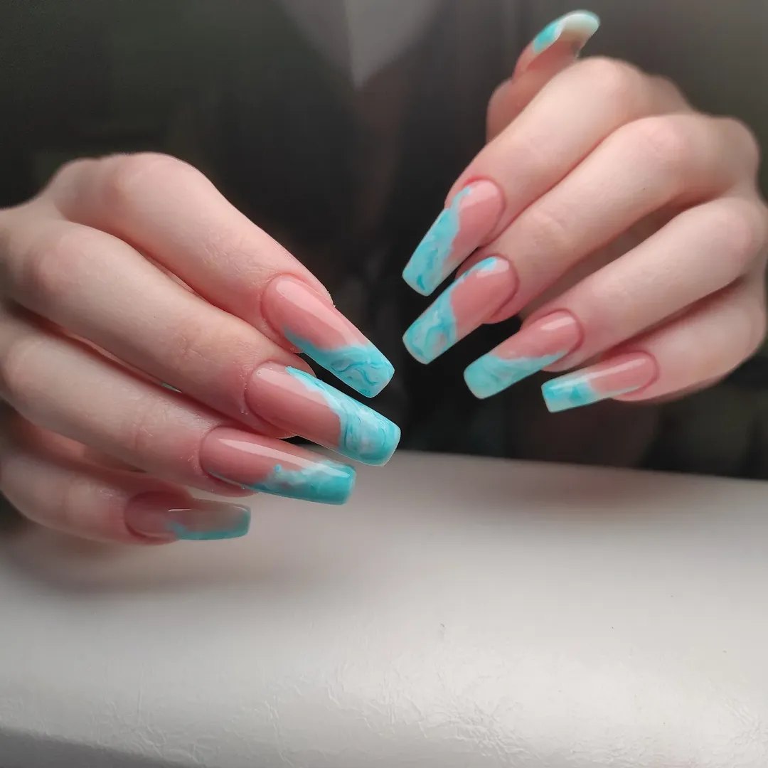 Dreamy Ocean Swirl Teal Coffin Nails