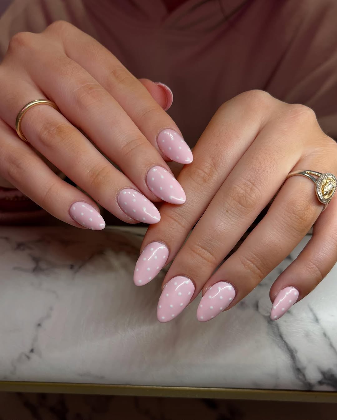 Dreamy Pink Polka Dot Almond Nails