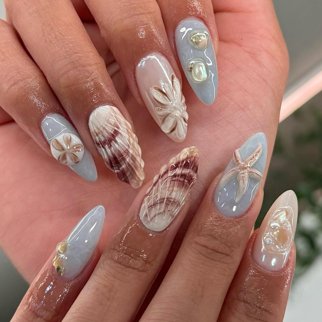 Dreamy Summer Pearl Shell 3D Ocean Almond Nails