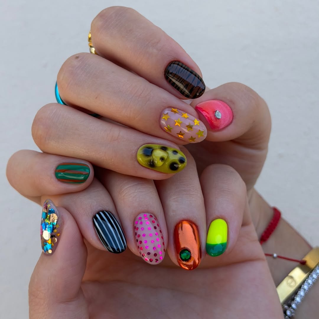 Eclectic Bright Mismatched Short Oval Gel Nails