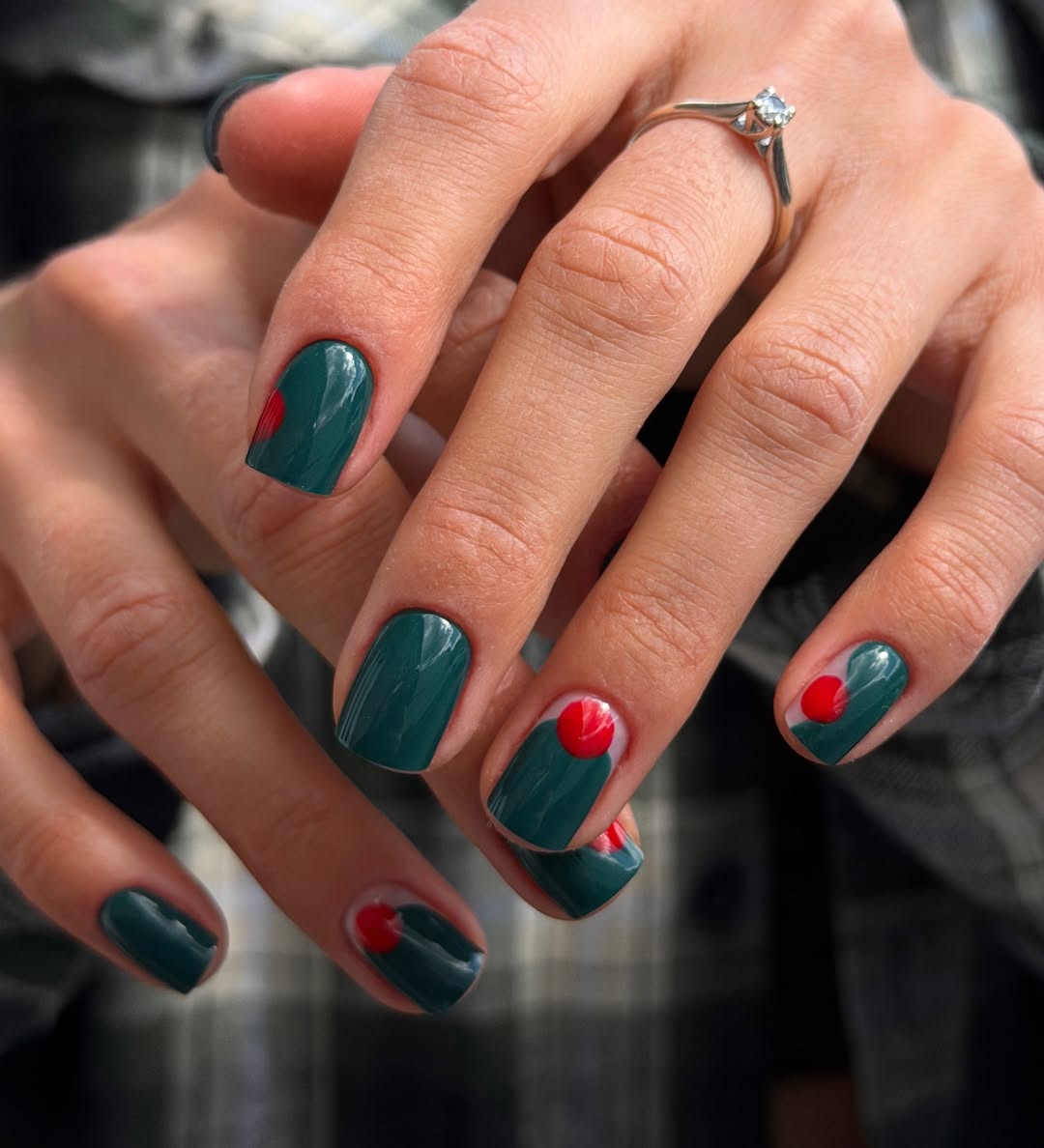 Emerald Green And Red Dot Short Squoval Nails