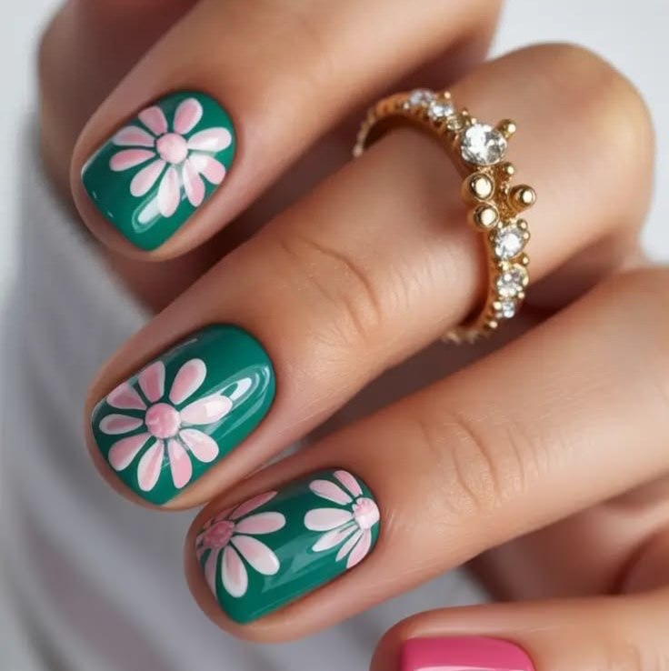 Emerald Green Glossy Pink and White Daisy Nails
