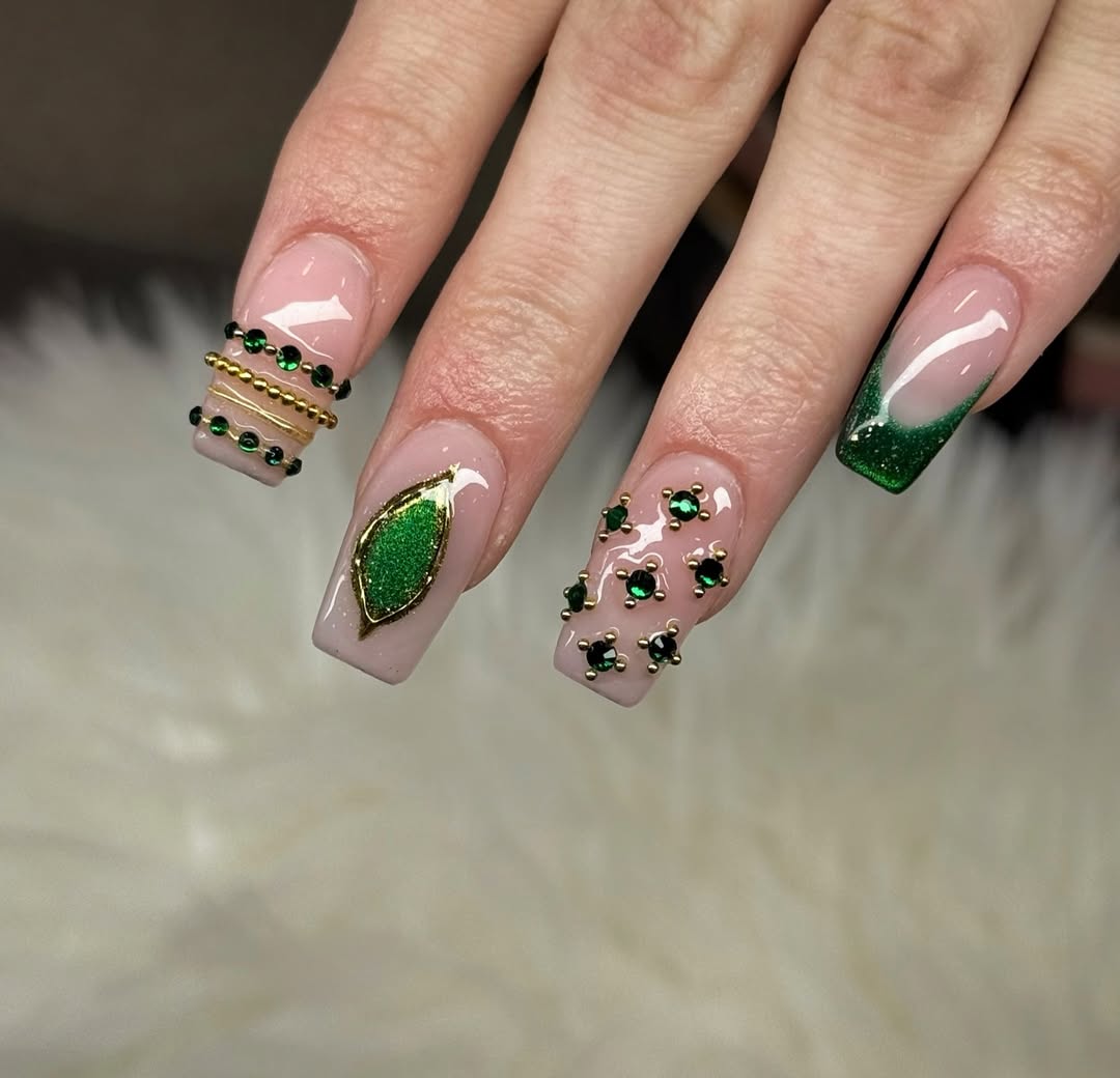 Emerald Green Jewel Embellished Coffin Nails