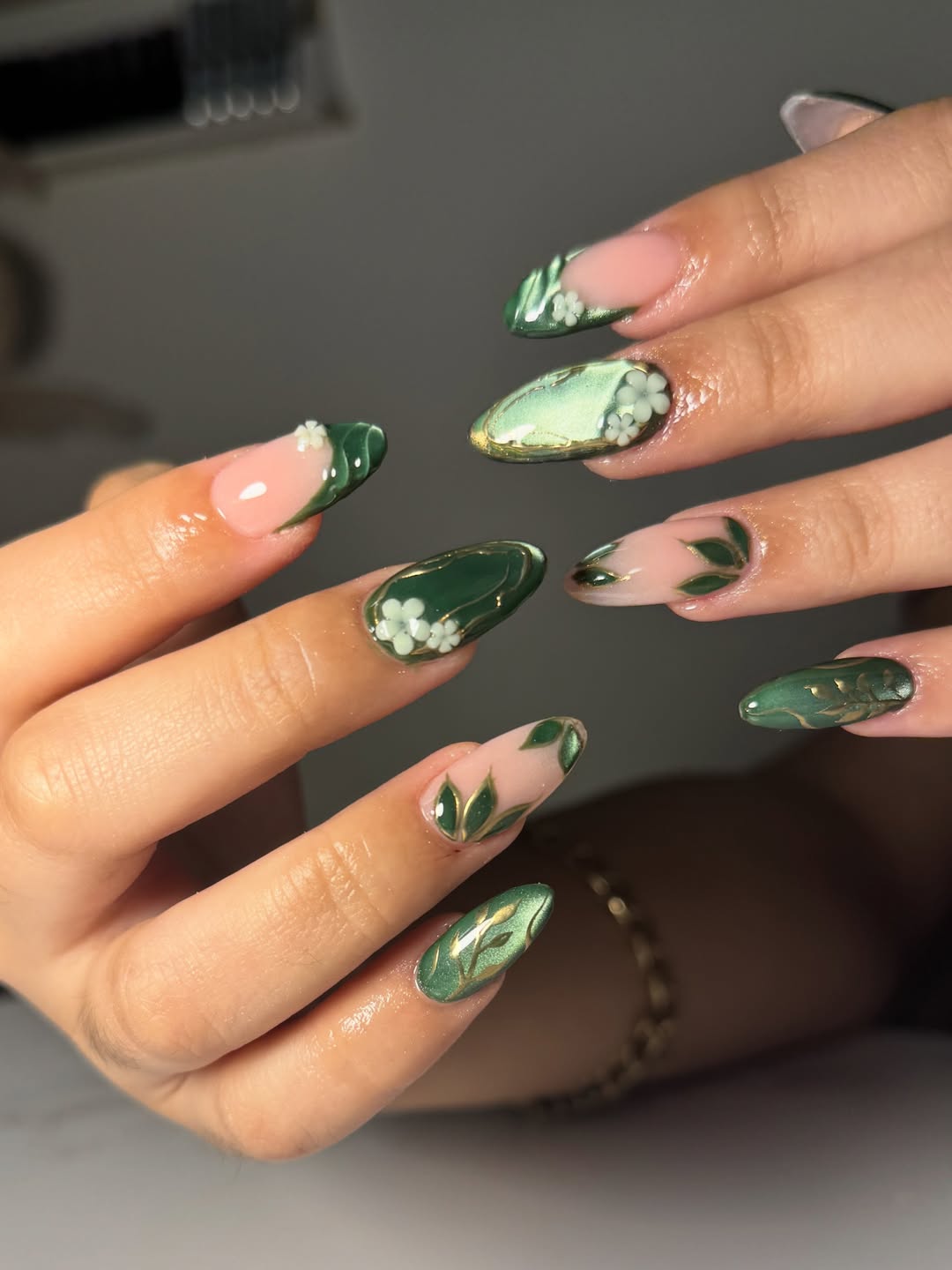 Emerald Green Nature Inspired Almond Nails