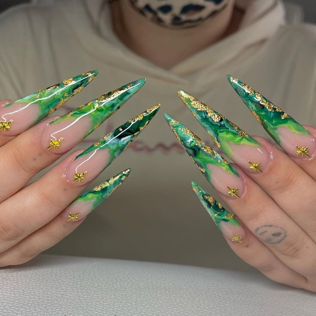 Emerald Green Swirl Stiletto with Gold Flakes