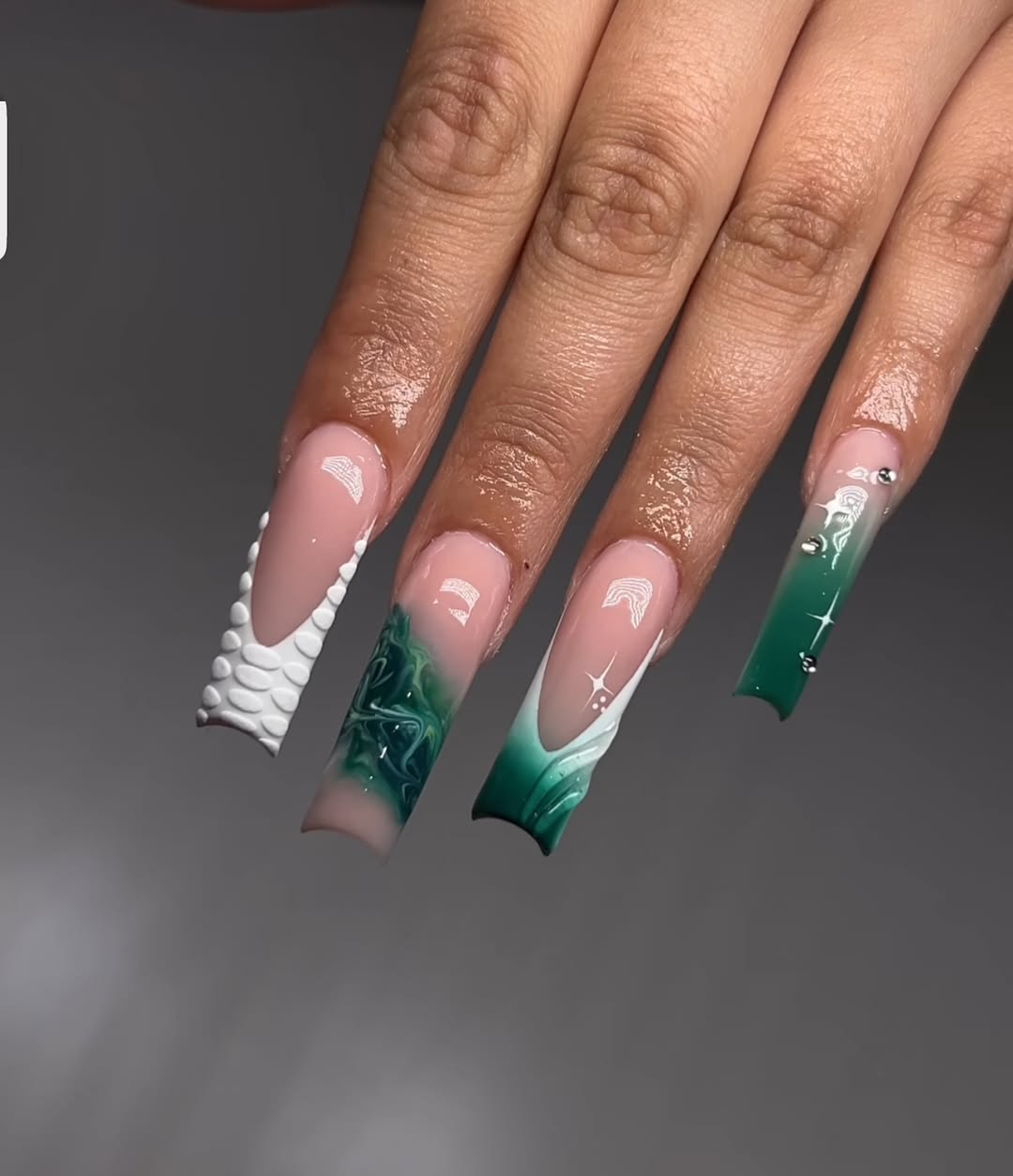 Emerald Green Textured French Tips with Chrome Accents