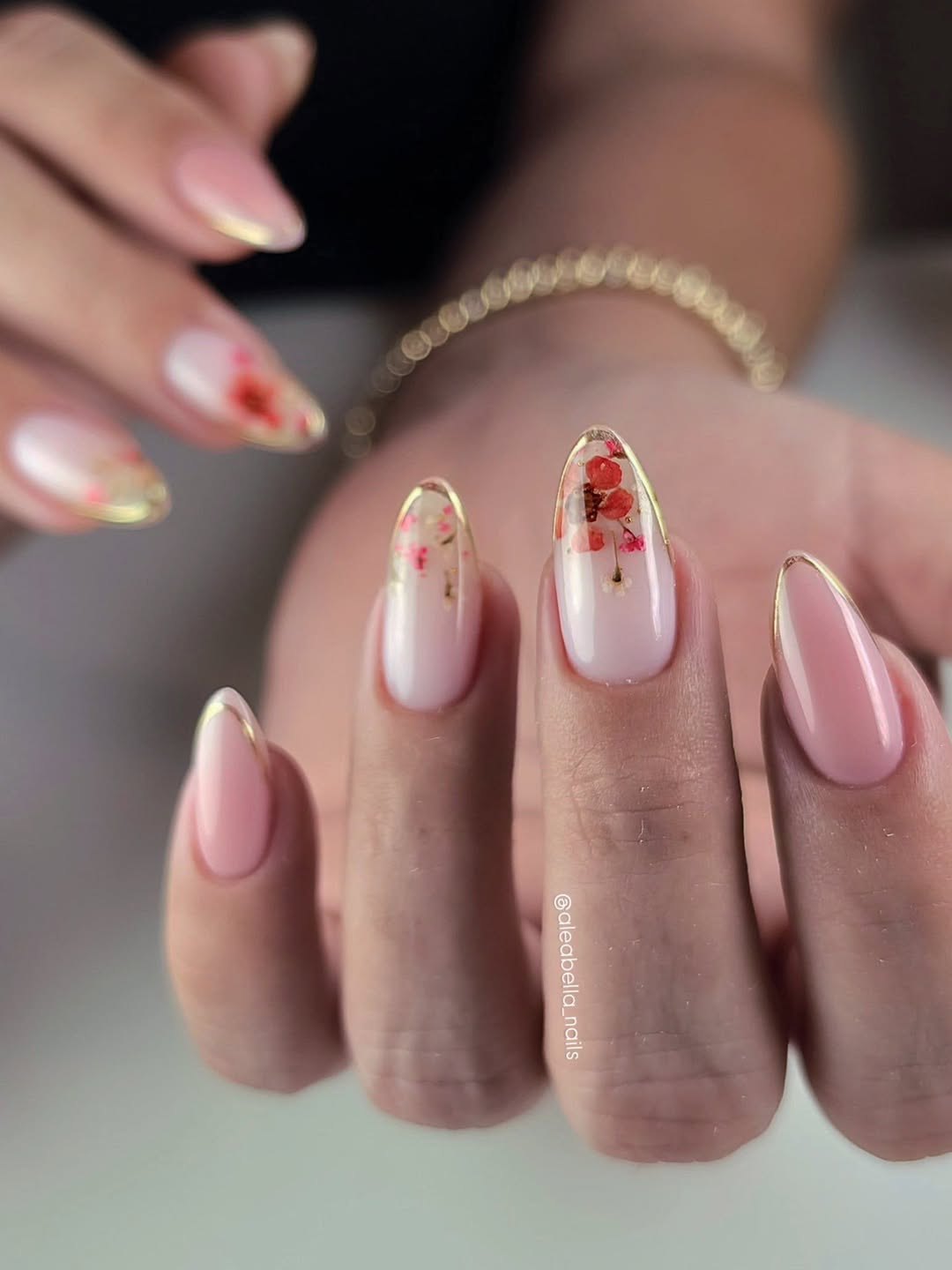 Encapsulated Dried Flower Almond Nails With Gold French Tip