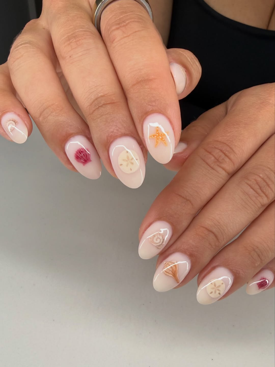 Encapsulated Seashell Milky Almond Nails
