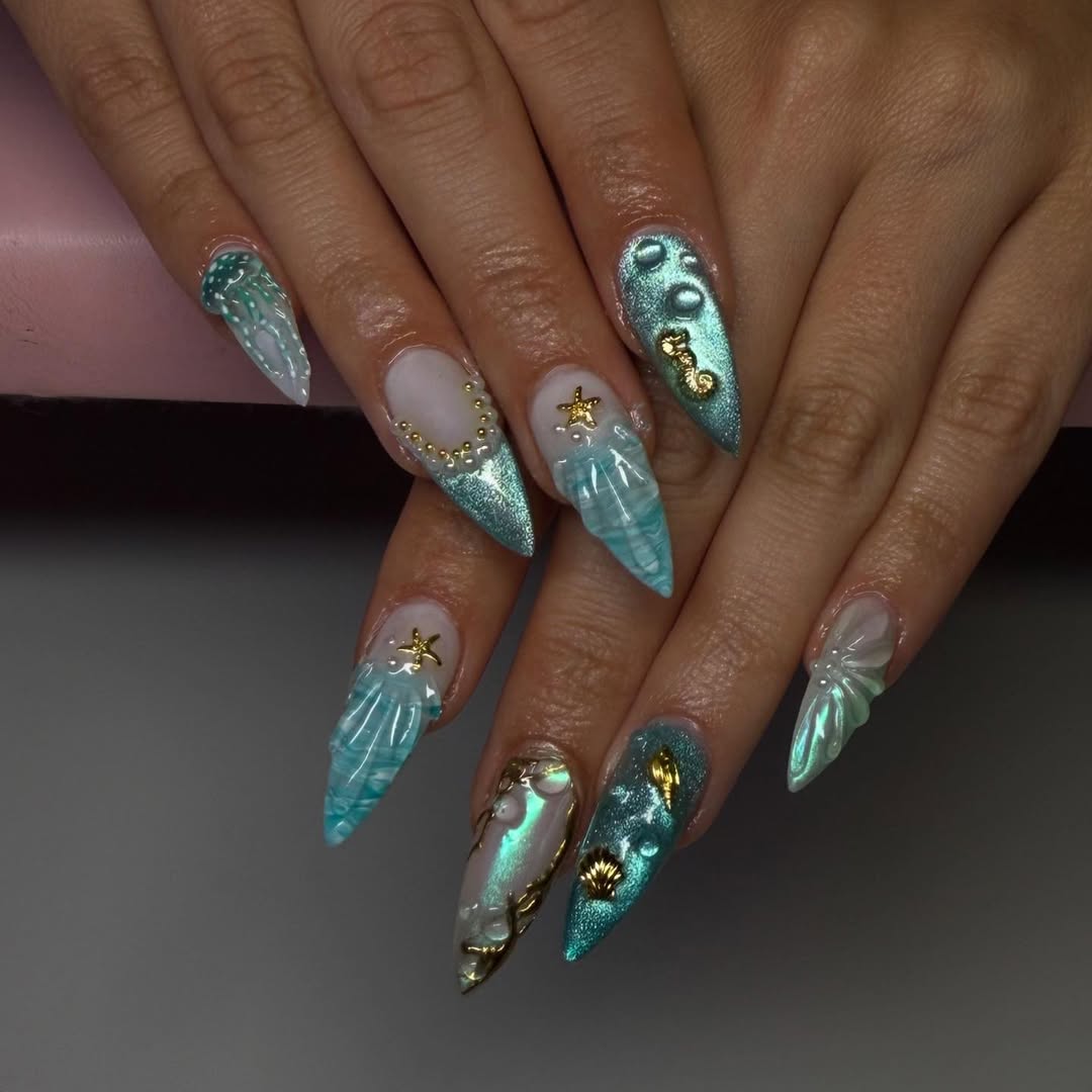 Enchanted Ocean Long Stiletto 3D Mermaid Nails