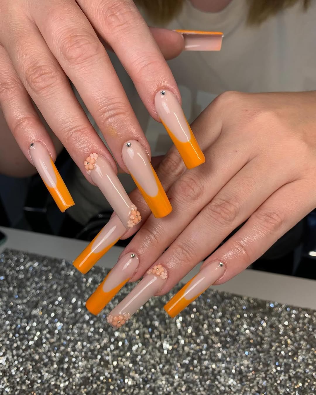 Extra Long Orange V-Cut French Tips With 3D Flowers