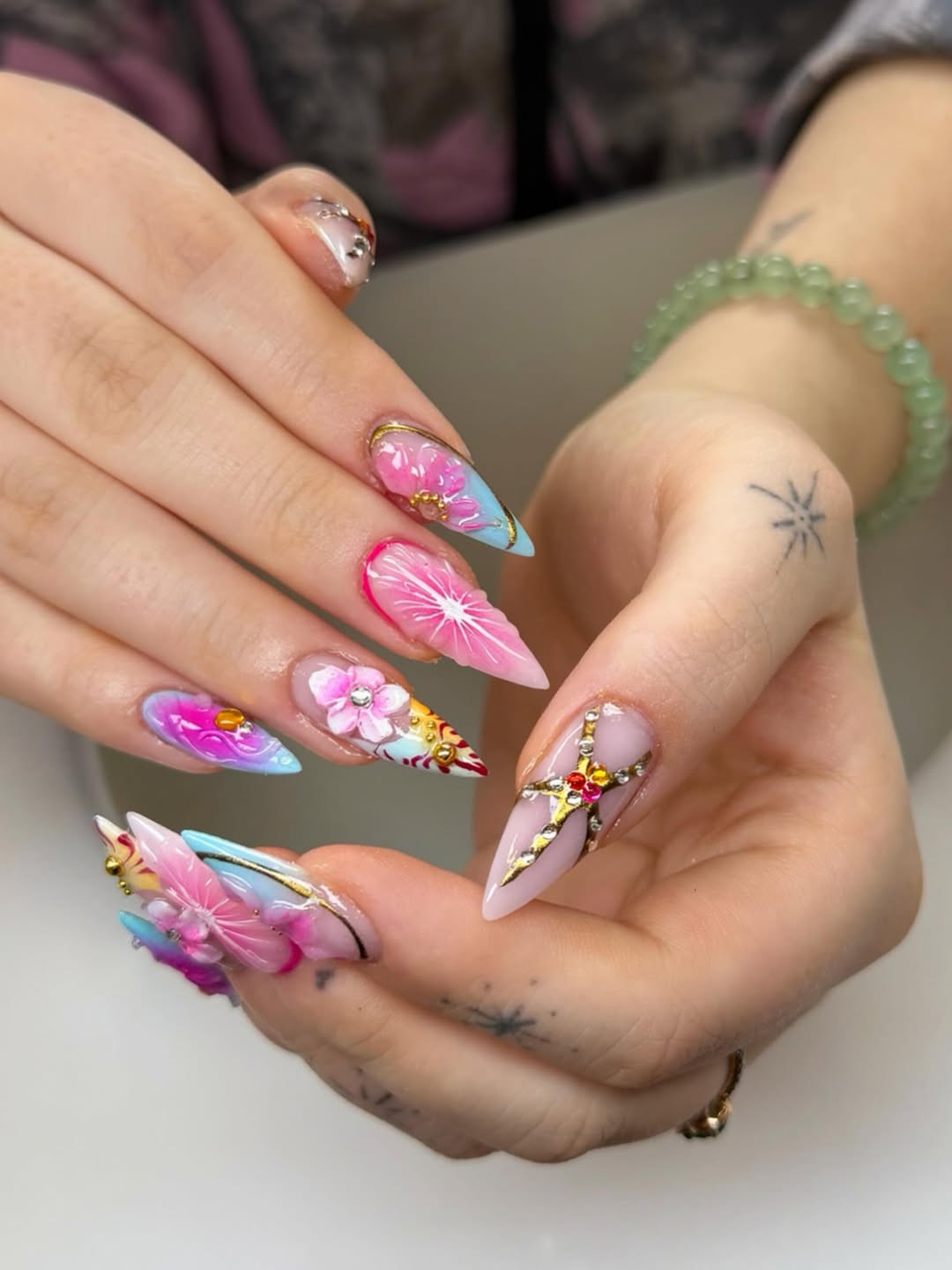 Fantasy 3D Floral Ombre Stiletto Nails with Charms