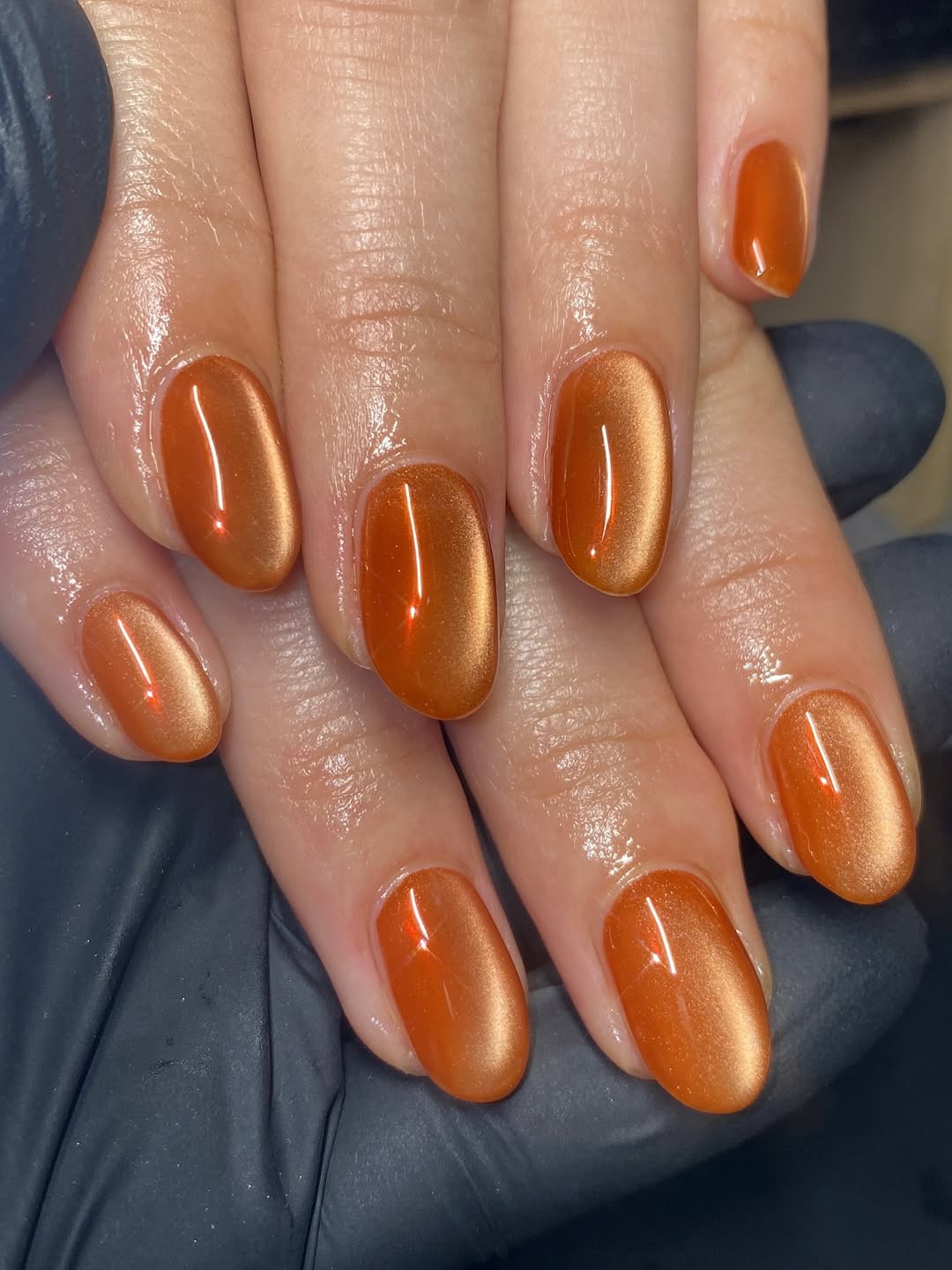 Fiery Orange Shimmer Oval Short Nails