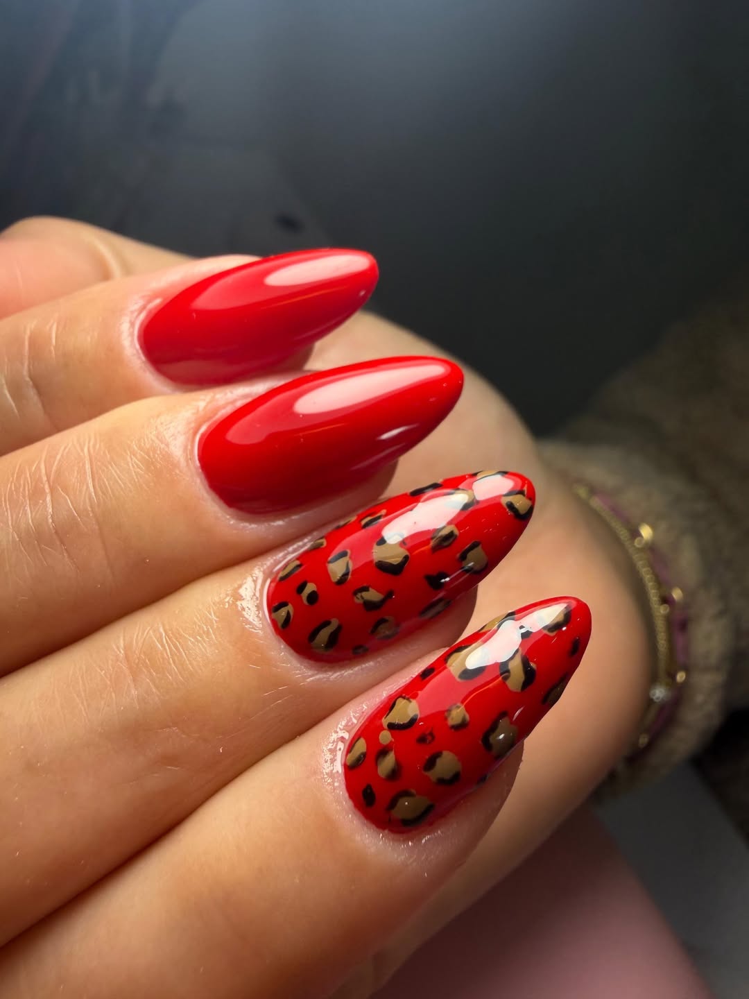 Fiery Red Leopard Print Almond Nails
