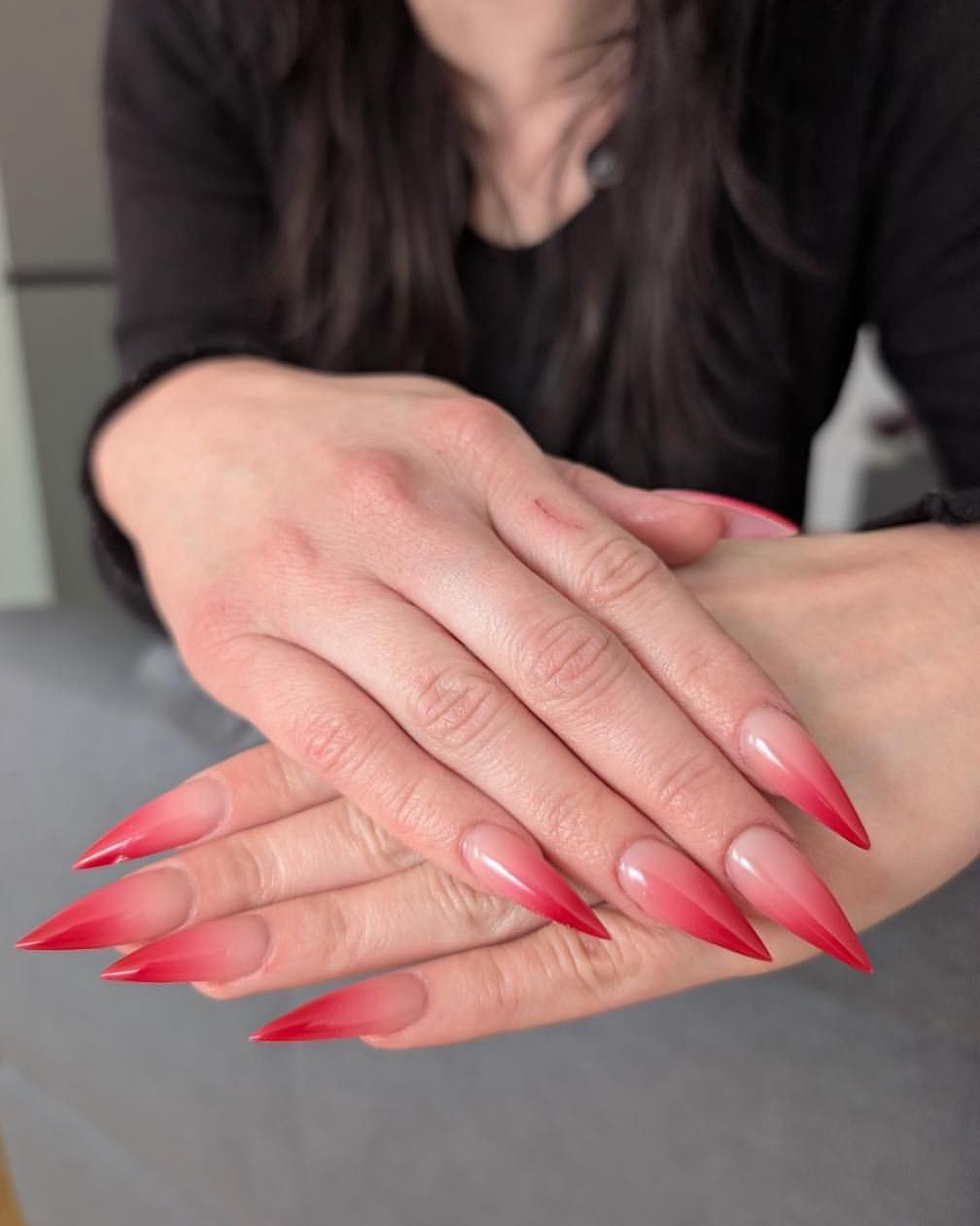 Fiery Red Ombre Stiletto Gel Nails