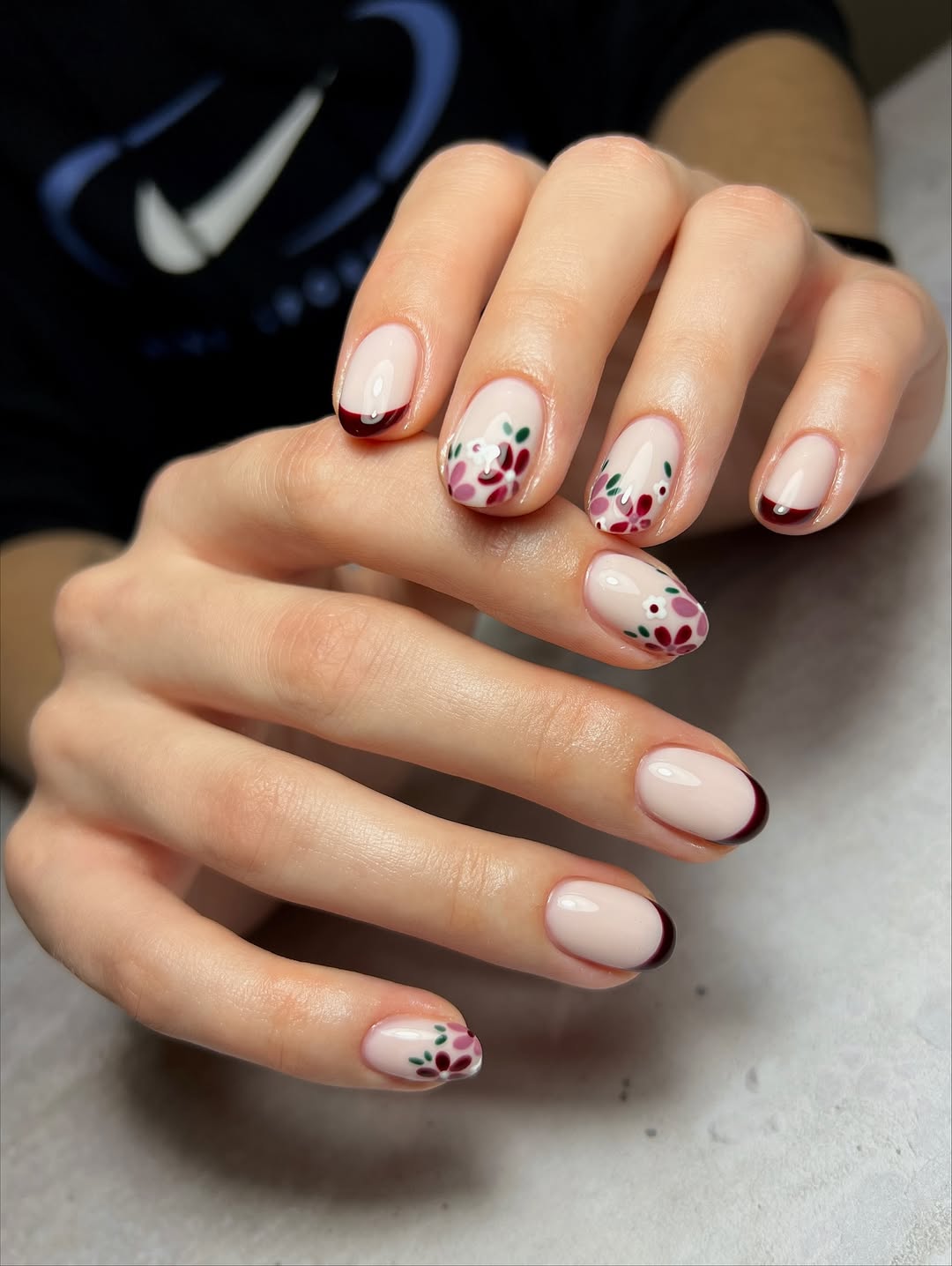 Floral Burgundy French Bloom Nails