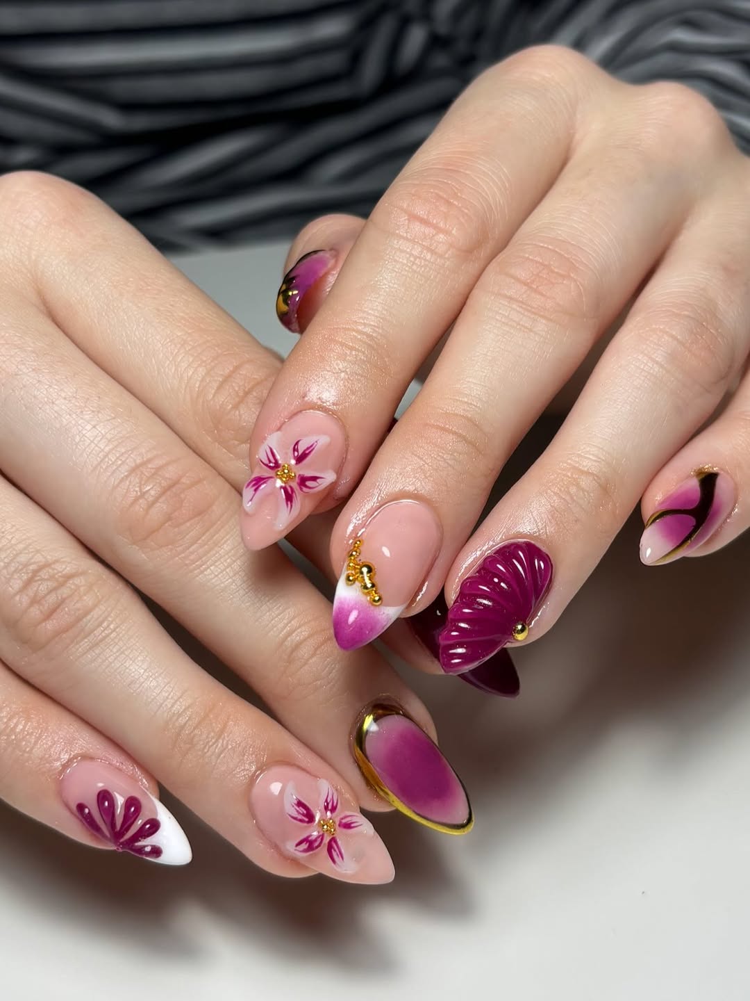 Floral Fandango Pink Magenta French Tips