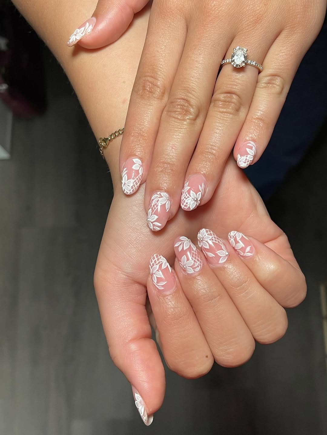 Floral Lace Nude Oval Nails