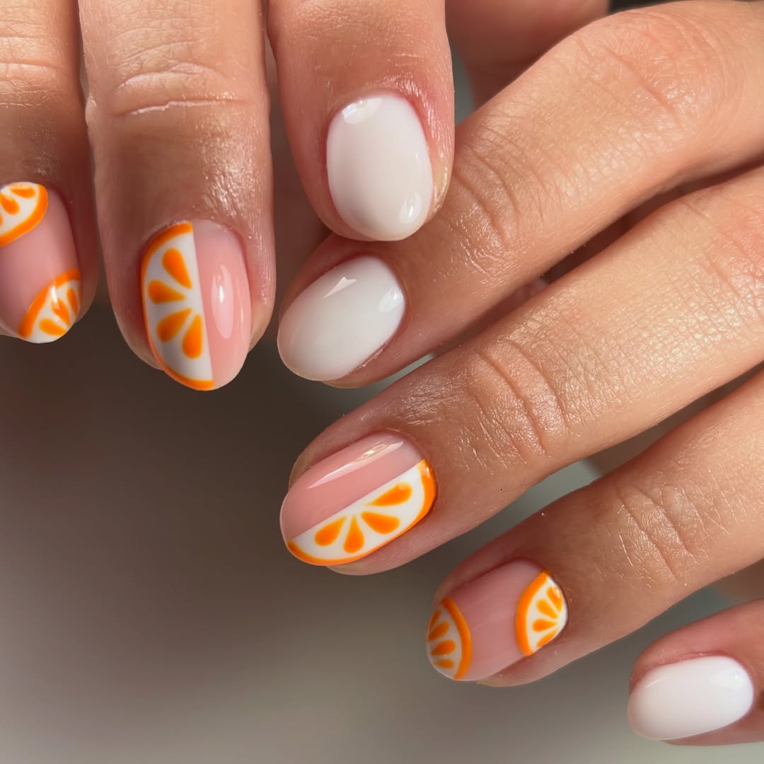 Fresh Peach And White Orange Slice Nail Art