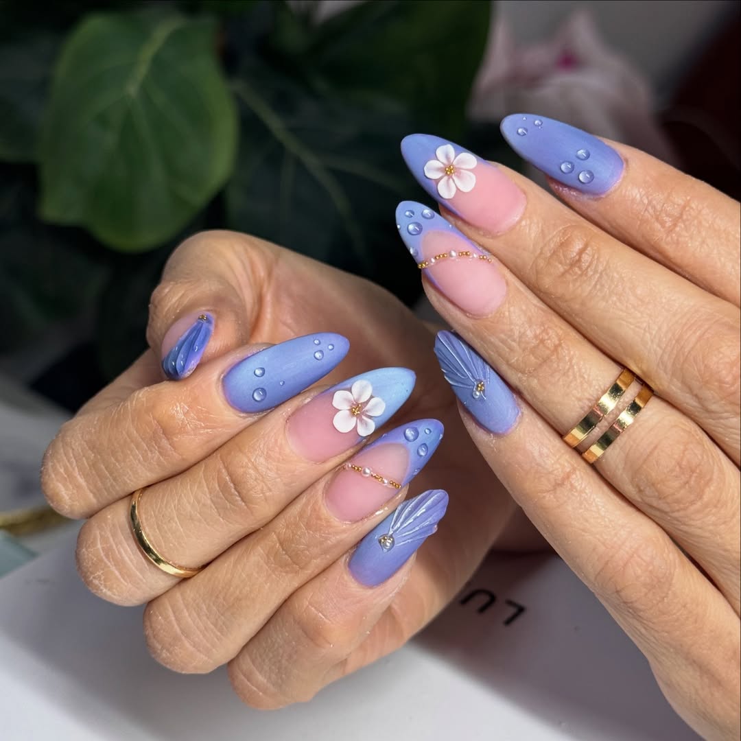 Frosted Lavender Almond French Tips with 3D Water Drops