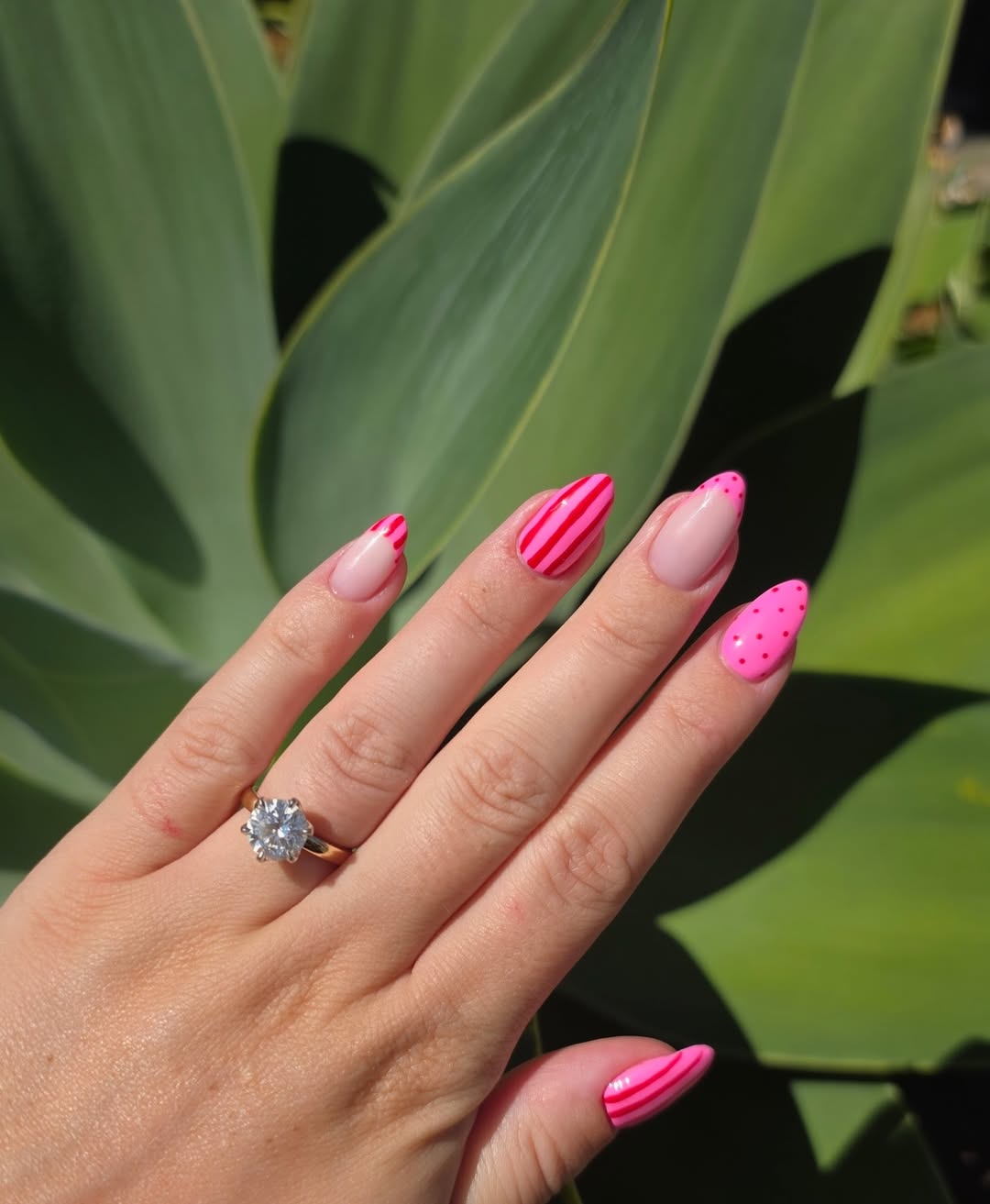 Fun Pink Polka Dot Horizontal Stripe Almond Nails