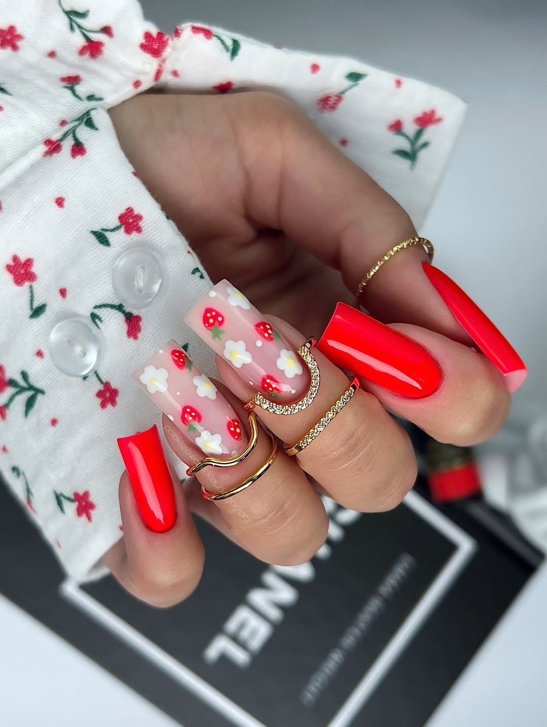 Fun Strawberry Floral Red and Nude Long Coffin Nails
