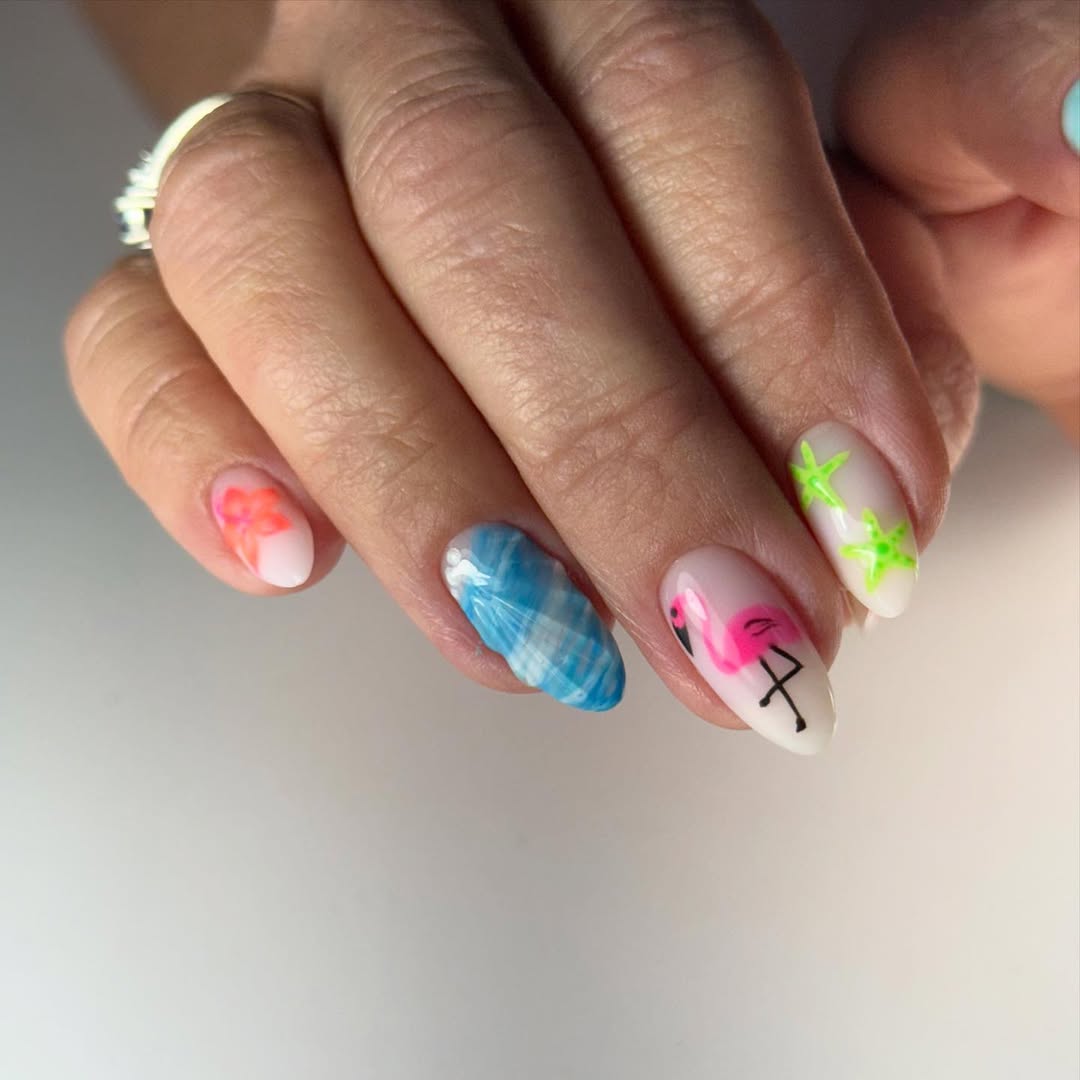 Fun Summer Flamingo Beach Almond Nails