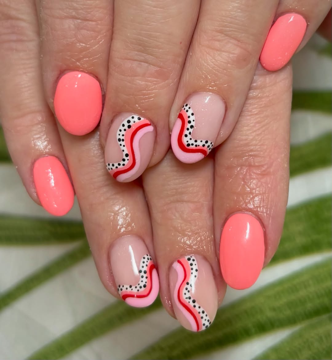 Funky Coral Pink Swirl Dotty Accent Nails