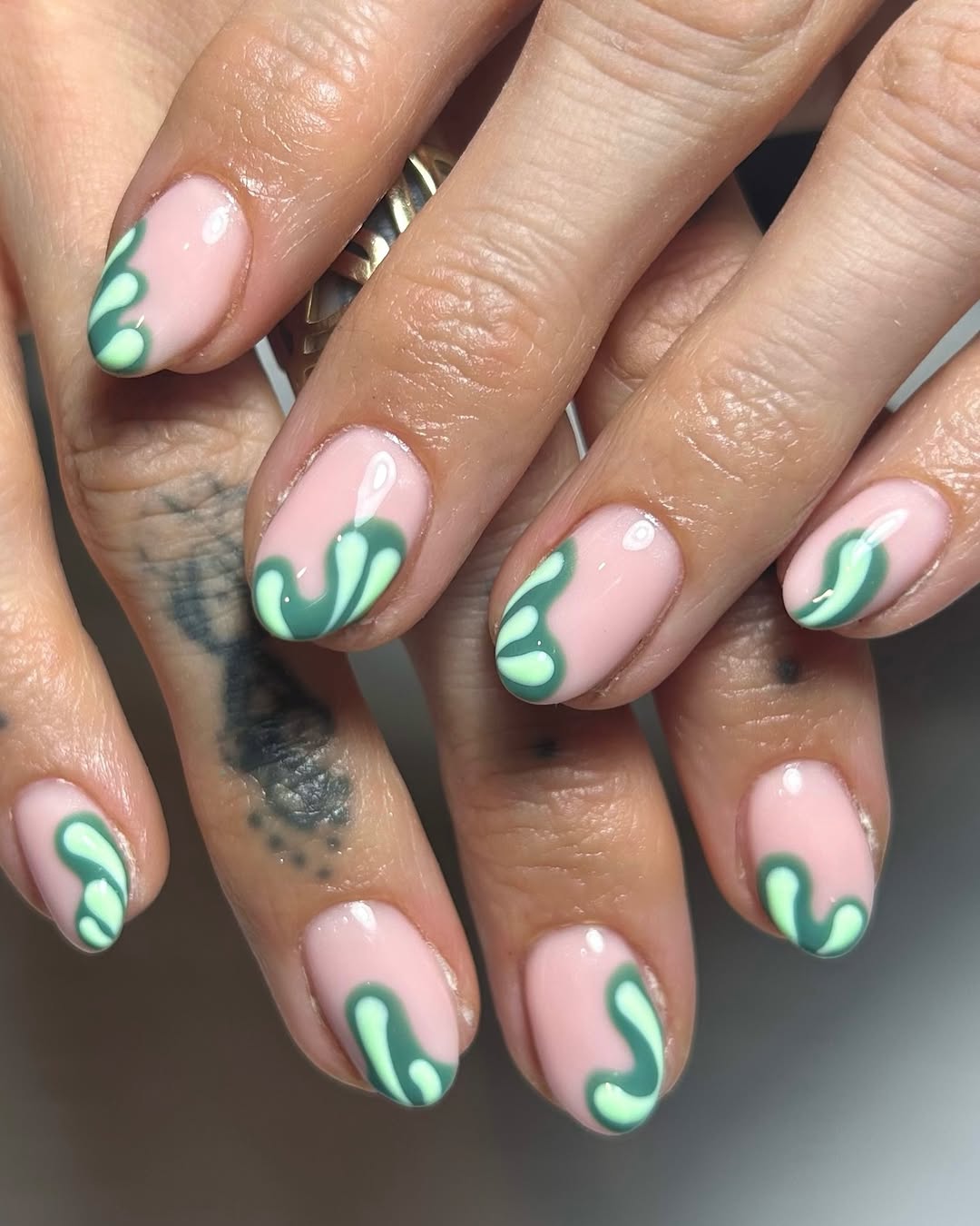 Funky Mint and Sage Swirl Glossy Nails