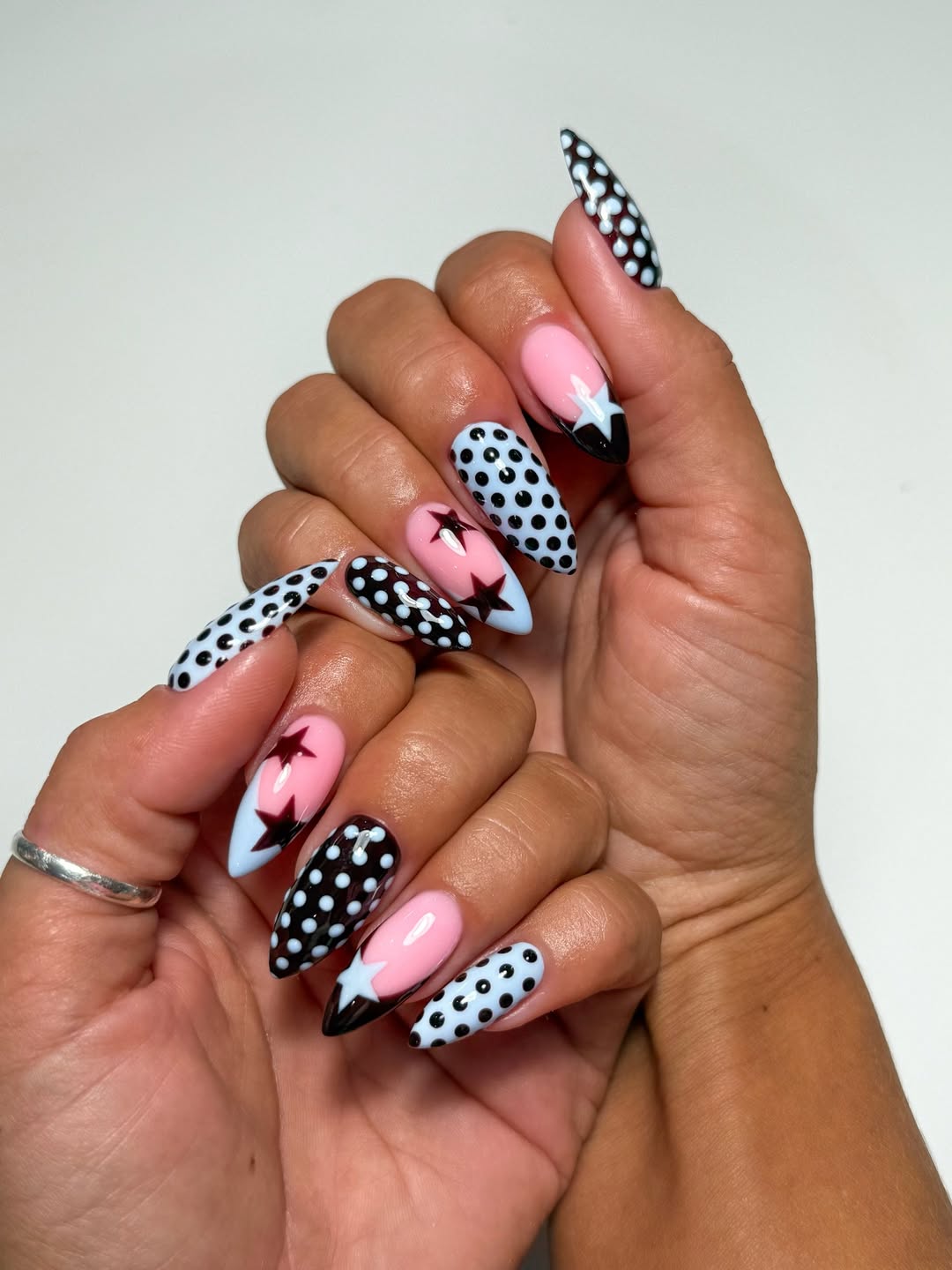 Funky Mismatched Pink Blue Polka Dot Star Stiletto Nails