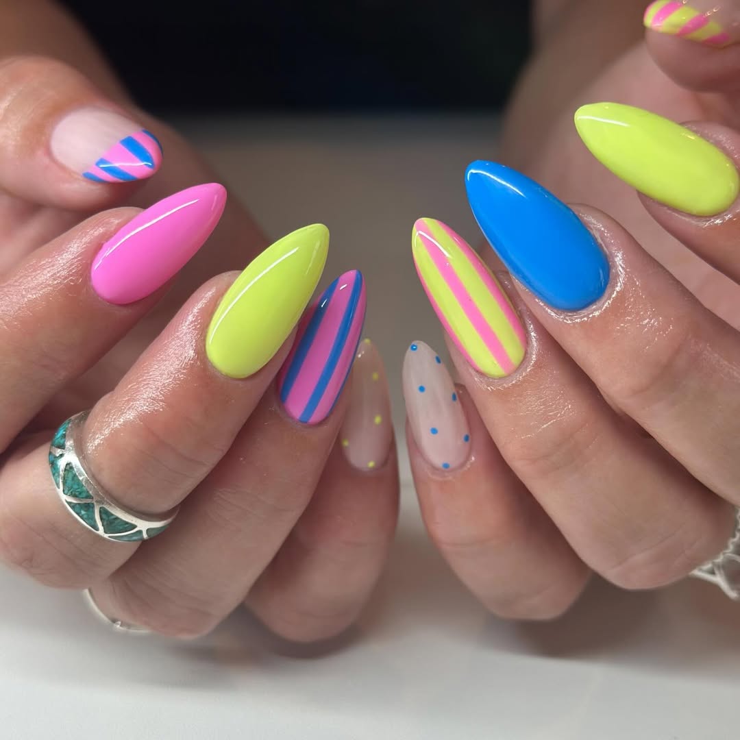 Funky Neon Bright Mix and Match Almond Nails