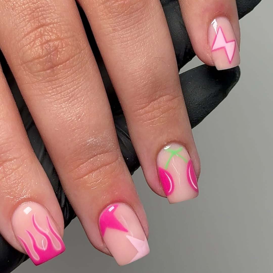 Funky Pink Abstract Design on Short Square Nails